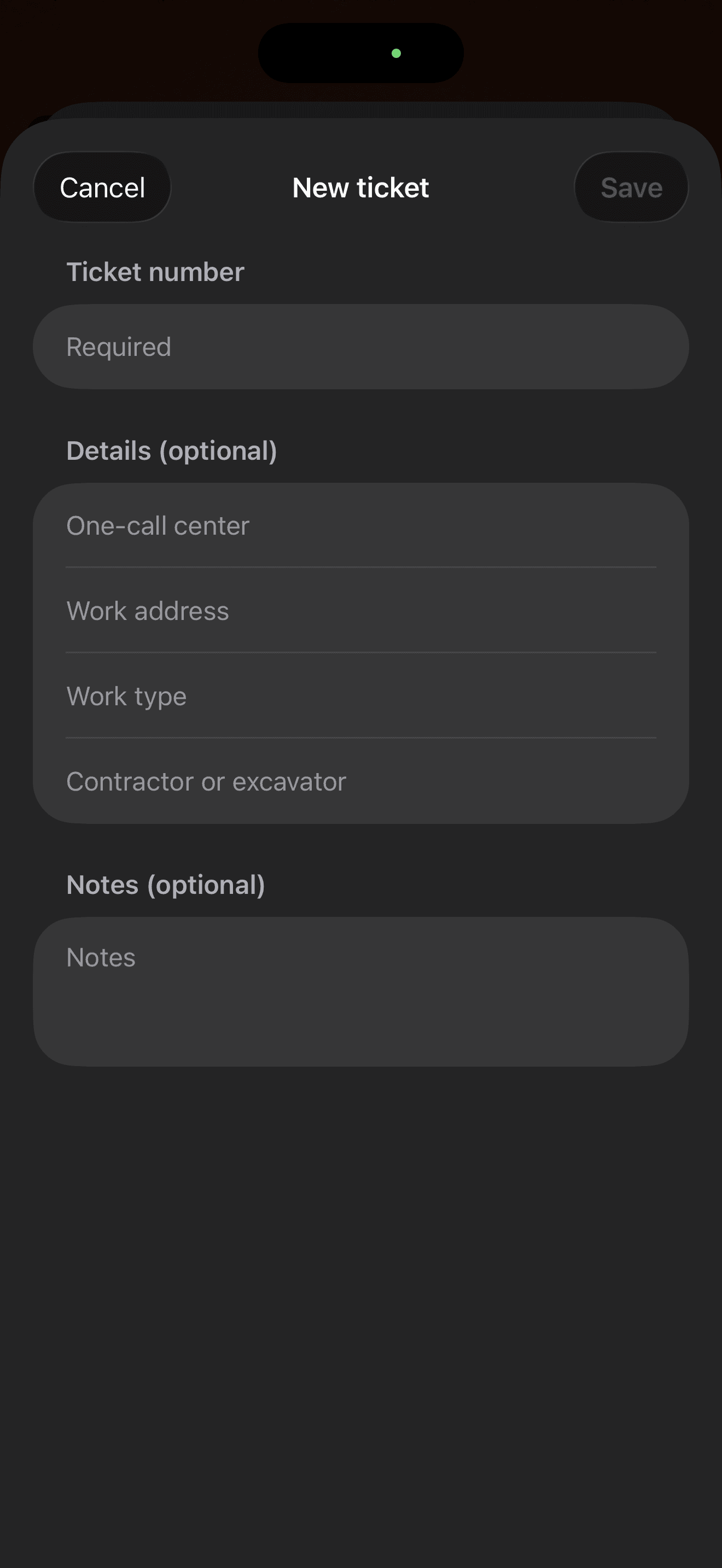 CYA Snapper new ticket screen with fields for work details and notes