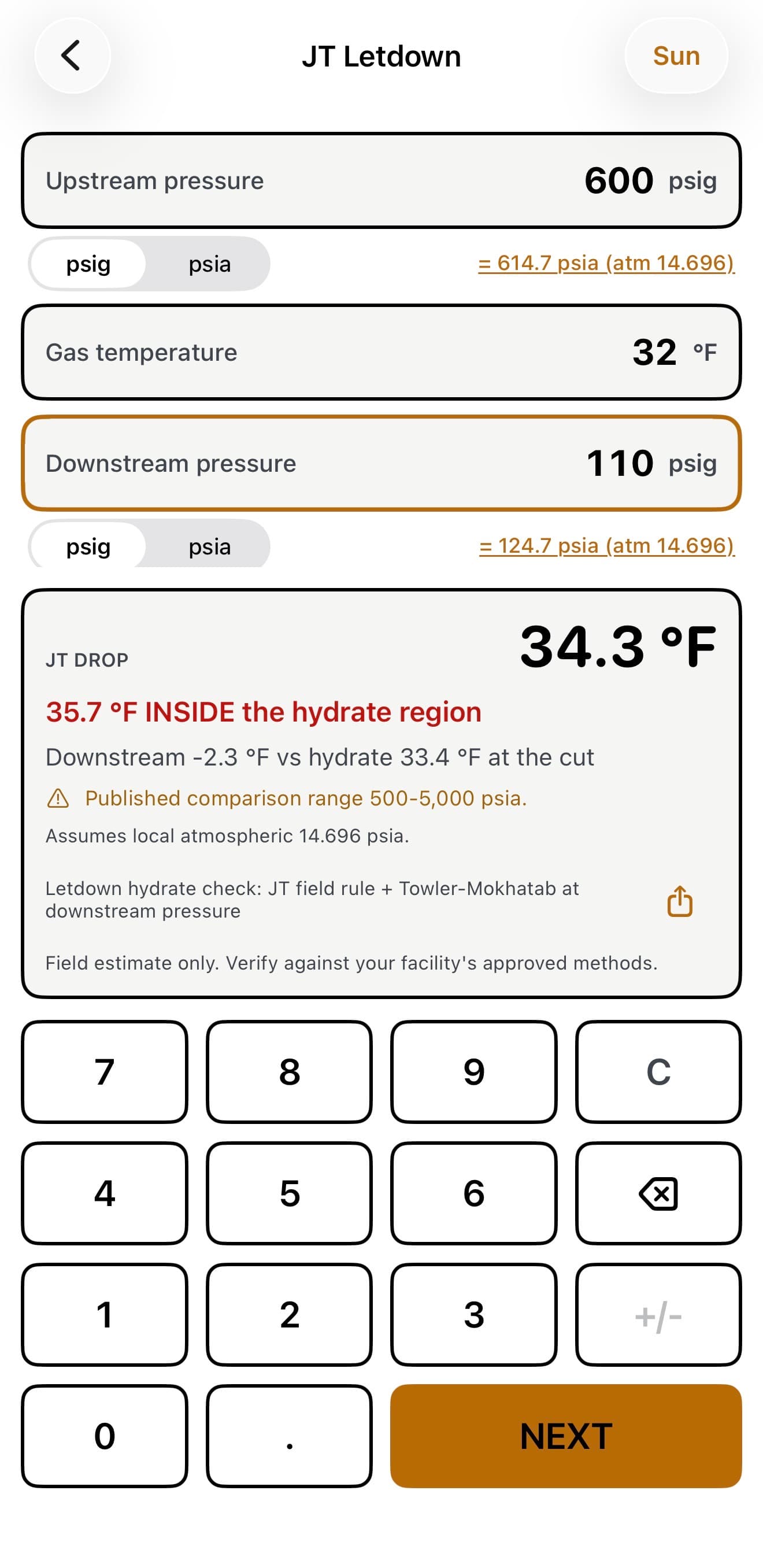 PlantHand JT Letdown calculation showing pressures, temperature, hydrate-region warning, method range, and field guidance
